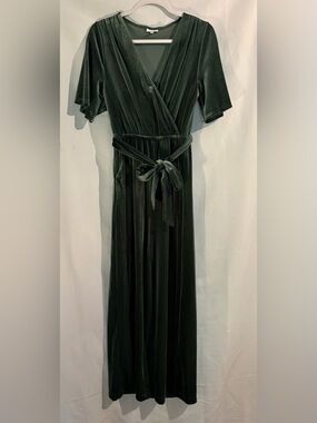 Olive Green Velvet Wrap Jumpsuit with Self-Tie Waist